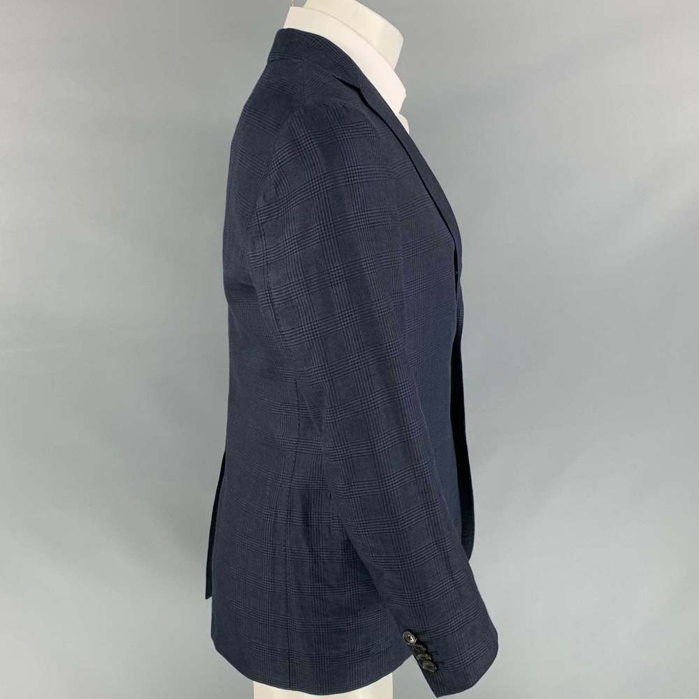 SALVATORE FERRAGAMO Navy Plaid Linen Blend Notch Lapel Sport Coat - Picture 3 of 8